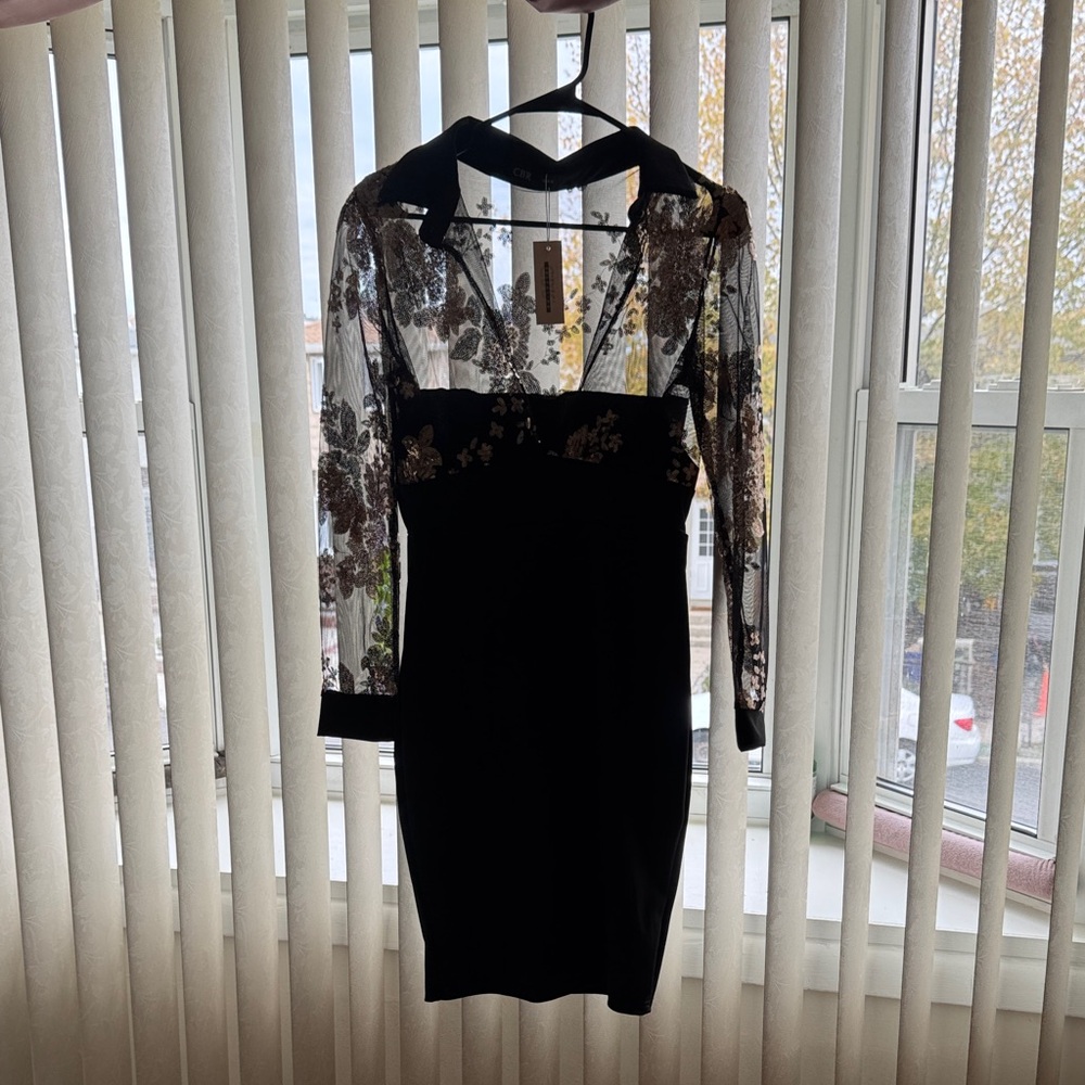 Cue Black and Gold Floral Lace Dress